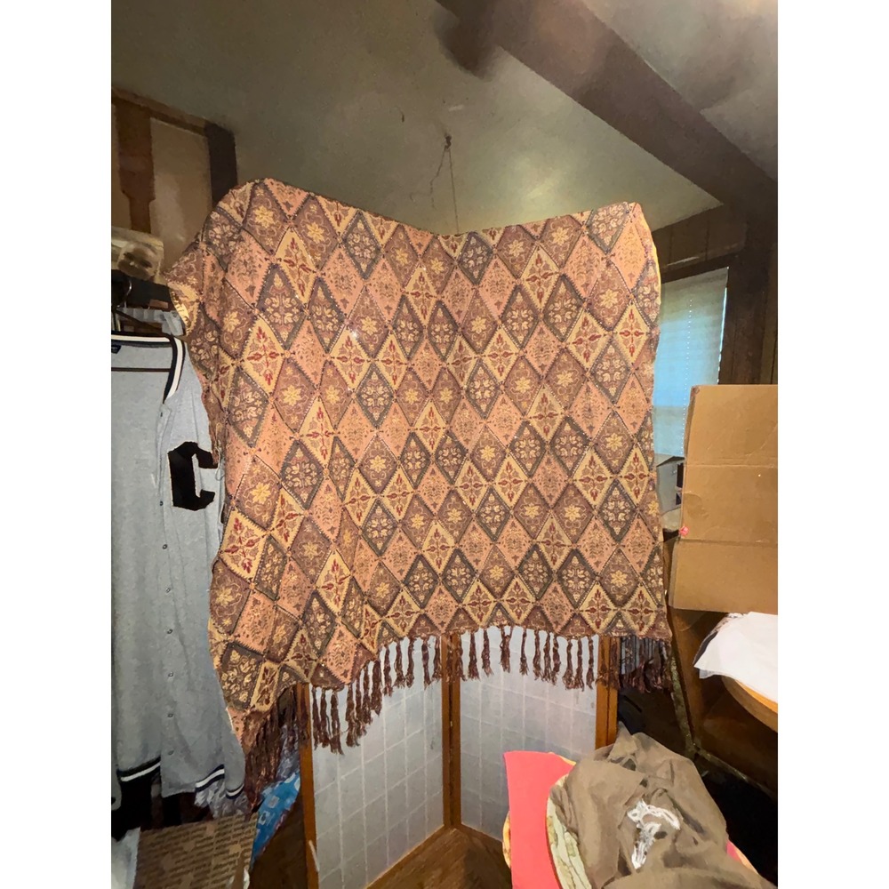 Vintage Style Beaded Tapestry Fringe Gold Rust Diamond Pattern Boho